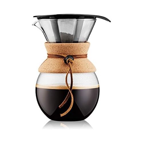  Bodum 11571-109 Pour Over Coffee Maker with Permanent Filter, Glass, 34 Ounce, 1 Liter, Cork Band