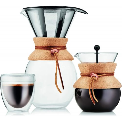  Bodum 11571-109 Pour Over Coffee Maker with Permanent Filter, Glass, 34 Ounce, 1 Liter, Cork Band