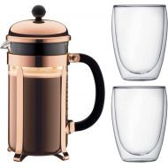 Bodum - 3 Piece French Press Set - Chambord 8 Cup French Press in Copper & 2 Double Wall Pavina Glasses 0.35l