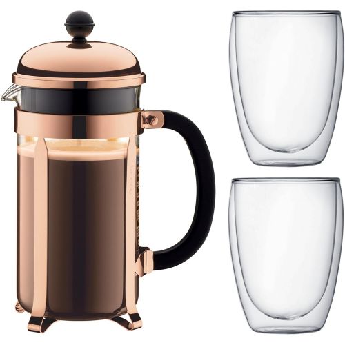  Bodum - 3 Piece French Press Set - Chambord 8 Cup French Press in Copper & 2 Double Wall Pavina Glasses 0.35l