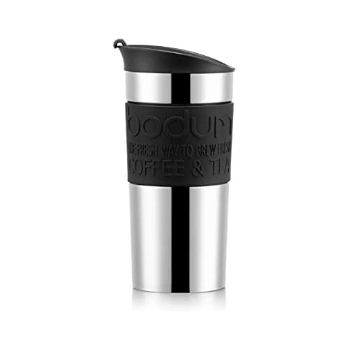  Bodum - Travel Mug - Vacuum Insulated with Interchangeable French Press Lid - Stainless Steel - 0.35l - Black Grip and Lid