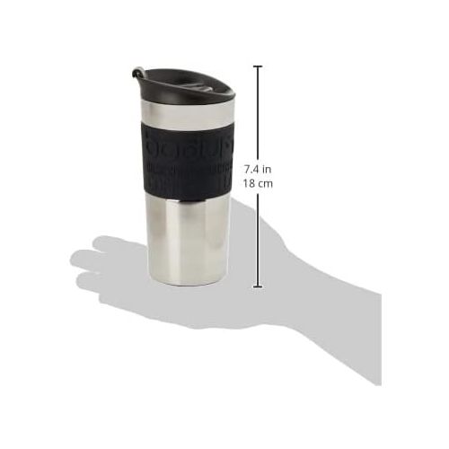  Bodum - Travel Mug - Vacuum Insulated with Interchangeable French Press Lid - Stainless Steel - 0.35l - Black Grip and Lid