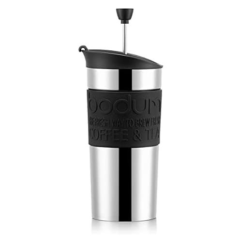  Bodum - Travel Mug - Vacuum Insulated with Interchangeable French Press Lid - Stainless Steel - 0.35l - Black Grip and Lid