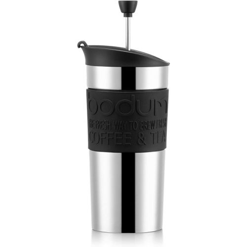  Bodum - Travel Mug - Vacuum Insulated with Interchangeable French Press Lid - Stainless Steel - 0.35l - Black Grip and Lid