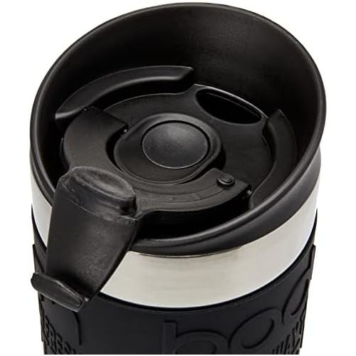  Bodum - Travel Mug - Vacuum Insulated with Interchangeable French Press Lid - Stainless Steel - 0.35l - Black Grip and Lid