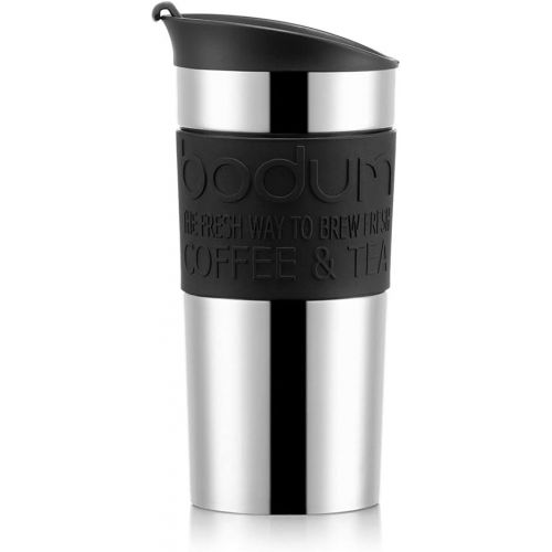  Bodum - Travel Mug - Vacuum Insulated with Interchangeable French Press Lid - Stainless Steel - 0.35l - Black Grip and Lid