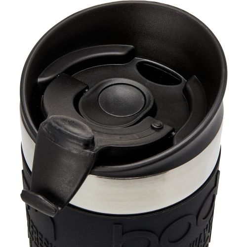  Bodum - Travel Mug - Vacuum Insulated with Interchangeable French Press Lid - Stainless Steel - 0.35l - Black Grip and Lid