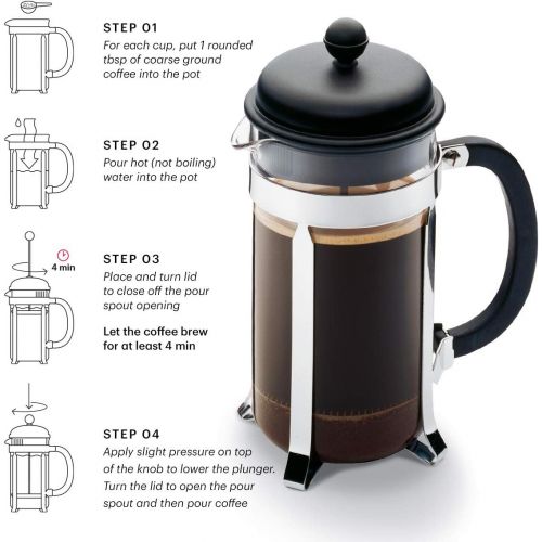  Bodum Caffettiera French Press Coffee Maker, Black Plastic Lid and Stainless Steel Frame, 8-Cup, 34-Ounce