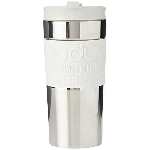  BODUM Travel French Press Coffee Maker Set, Stainless Steel with Extra Lid, Vacuum, 0.35 L/12 oz, White