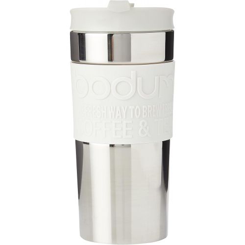  BODUM Travel French Press Coffee Maker Set, Stainless Steel with Extra Lid, Vacuum, 0.35 L/12 oz, White