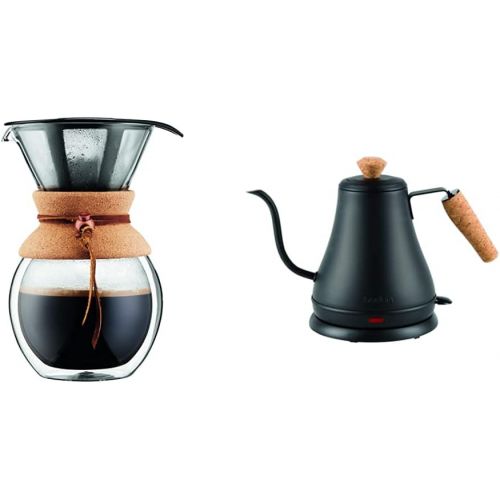  BODUM Pour Over Coffee Maker Grip, 8 Cup, 34 Ounce, Double Wall Cork & 11883-259US Melior Gooseneck Electric Water Kettle, 27 Ounces, Matte Black