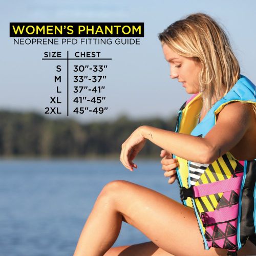  Body Glove Womens Phantom Neoprene Life Jacket, Oversize Arm Holes, Lumbar Protection, Foam Flotation, Front Zippered Opening, Concealed Buckle Straps with Quick Release Buckles, U