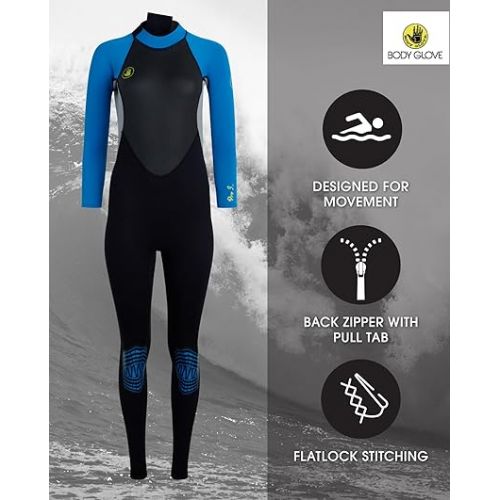  Body Glove Women's Wetsuit - UPF 50+ 3/2 MM Neoprene Back Zip Fullsuit (XS-2XL)