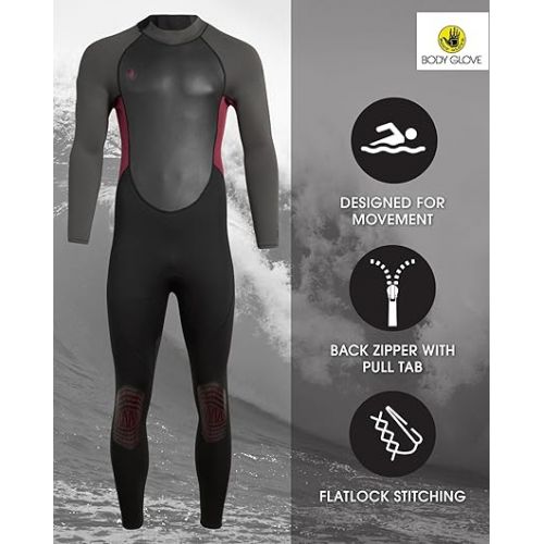  Body Glove Men's Wetsuit - UPF 50+ 3/2 MM Neoprene Back Zip Fullsuit (S-XXL)