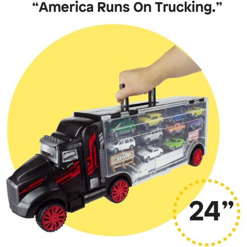  Boley 22Piece Mighty Truck Carrier - Big Rig Hauler Truck Transport with Slots for Car Transport - Great for Kids, Toddlers, Children - Boys & Girls Cars & Trucks Toys, Multicolor