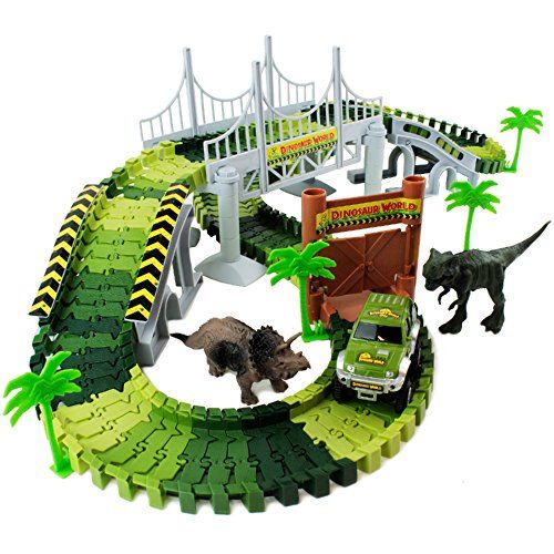  Boley Dinosaur Adventure Road Creators Playset - 142 Track Pieces and 11 Additional Pieces - Dinosaur Track, Battery Powered Car, and Dinosaurs Included - Perfect Construction Dino