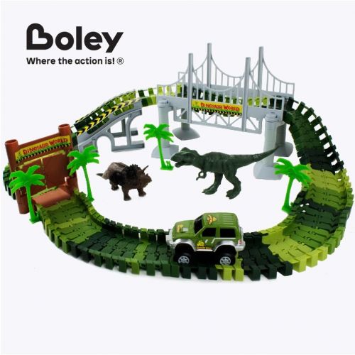  Boley Dinosaur Adventure Road Creators Playset - 142 Track Pieces and 11 Additional Pieces - Dinosaur Track, Battery Powered Car, and Dinosaurs Included - Perfect Construction Dino