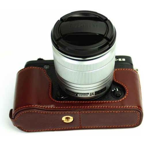  XE1 Case, BolinUS Handmade Genuine Real Leather Half Camera Case Bag Cover for Fujifilm Fuji XE1 X-E1 XE2 X-E2 Opening Version + Hand Strap -Coffee