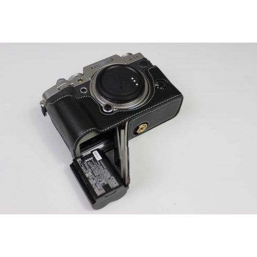  X-T4 Case, BolinUS Handmade Genuine Real Leather Half Camera Case Bag Cover for Fujifilm Fuji X-T4 XT4 Bottom Opening Version + Hand Strap (Black)