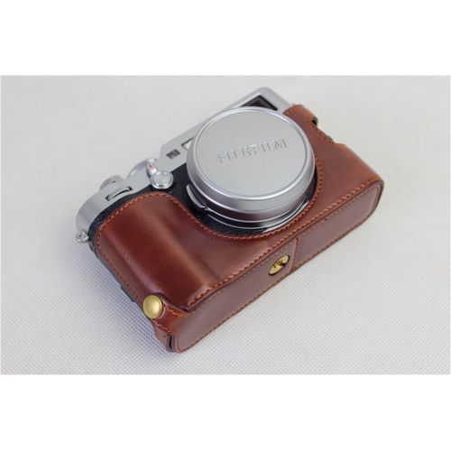  X100F Case, BolinUS Handmade PU Leather Half Camera Case Bag Cover Bottom Opening Version for Fujifilm Fuji X100F with Hand Strap -Coffee