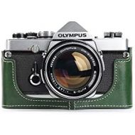 OM-4 Case, BolinUS Handmade Genuine Real Leather Half Camera Case Bag Cover for Olympus OM-1 /1N OM-2/2N OM-3/3Ti OM-4/4Ti (No Handle) Camera with Hand Strap (Green)