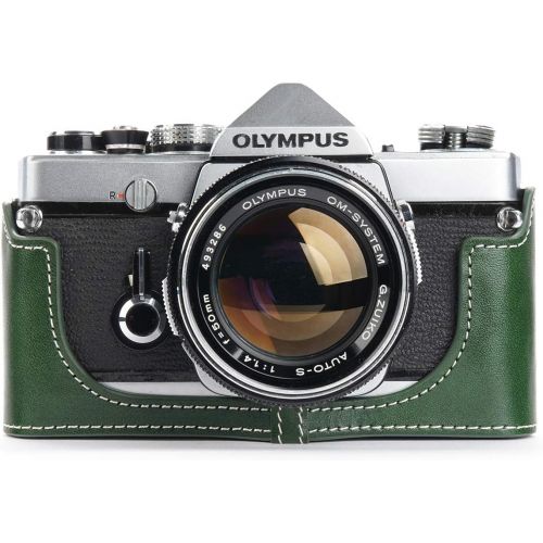  OM-4 Case, BolinUS Handmade Genuine Real Leather Half Camera Case Bag Cover for Olympus OM-1 /1N OM-2/2N OM-3/3Ti OM-4/4Ti (No Handle) Camera with Hand Strap (Green)