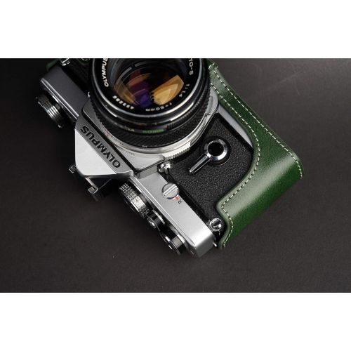  OM-4 Case, BolinUS Handmade Genuine Real Leather Half Camera Case Bag Cover for Olympus OM-1 /1N OM-2/2N OM-3/3Ti OM-4/4Ti (No Handle) Camera with Hand Strap (Green)