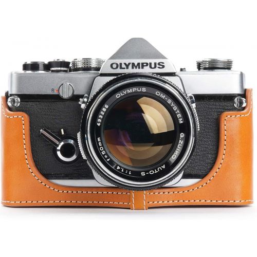  OM-4 Case, BolinUS Handmade Genuine Real Leather Half Camera Case Bag Cover for Olympus OM-1 /1N OM-2/2N OM-3/3Ti OM-4/4Ti (No Handle) Camera with Hand Strap (Yellow)