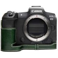 R5 R6 Camera Case, BolinUS Handmade Genuine Real Leather Half Camera Case Bag Cover for Canon Eos R6 R5 Camera Bottom Opening Version + Hand Strap (Green)