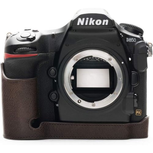  Nikon D850 Camera Case, BolinUS Handmade Genuine Real Leather Half Camera Case Bag Cover for Nikon D850 Camera Bottom Opening Version + Hand Strap (Coffee)
