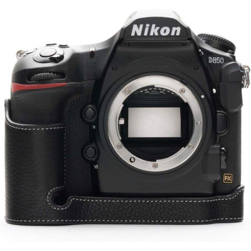  Nikon D850 Camera Case, BolinUS Handmade Genuine Real Leather Half Camera Case Bag Cover for Nikon D850 Camera Bottom Opening Version + Hand Strap (Black)