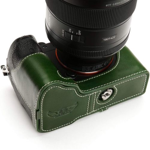  A7R IV Camera Case, BolinUS Handmade Genuine Real Leather Half Camera Case Bag Cover for Sony Alpha A7R IV Camera Bottom Opening Version + Hand Strap (Green)