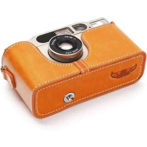  Contax T2 Case, BolinUS Handmade Genuine Real Leather Half Camera Case Bag Cover for Contax T2 Camera With Hand Strap (Yellow)