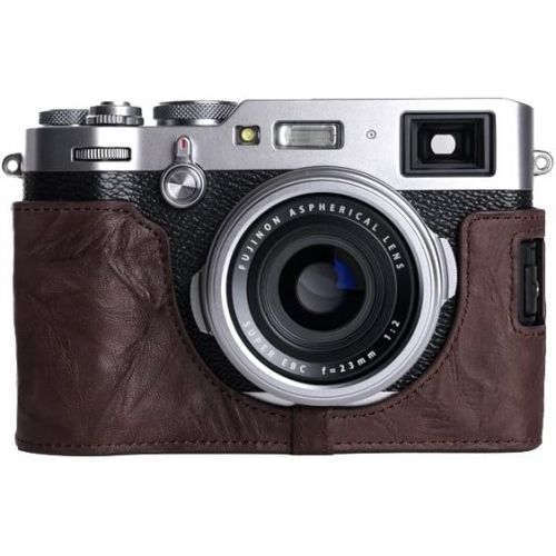  X100F Case, BolinUS Handmade Genuine Real Leather Half Camera Case Bag Cover for FUJIFILM X100F Bottom Opening Version -Coffee