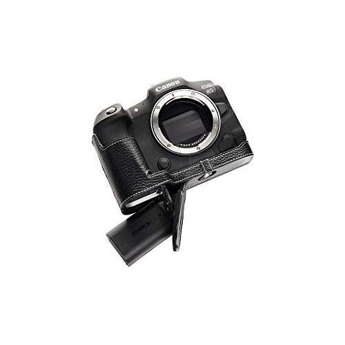  R5 R6 Camera Case, BolinUS Handmade Genuine Real Leather Half Camera Case Bag Cover for Canon Eos R6 R5 Camera Bottom Opening Version + Hand Strap (Black)
