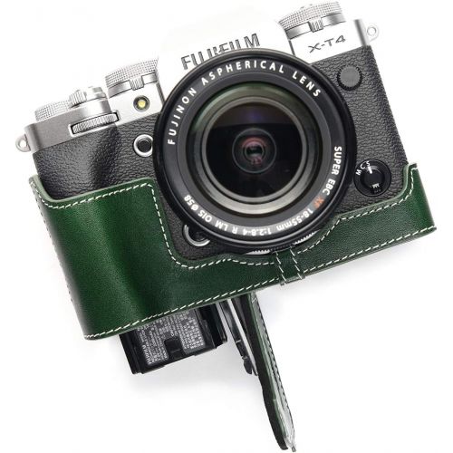  X-T4 Camera Case, BolinUS Handmade Genuine Real Leather Half Camera Case Bag Cover for Fujifilm Fuji X-T4 XT4 Camera Bottom Opening Version + Hand Strap (Green)