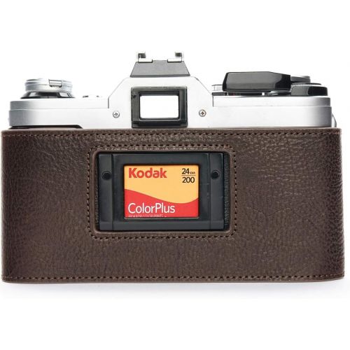  A-1 Case, BolinUS Handmade Genuine Real Leather Half Camera Case Bag Cover for Canon AE-1 A-1 (NO Handle) Camera with Hand Strap (Coffee)