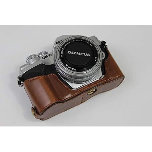  E-M10 Mark IV Case, BolinUS Handmade PU Leather Half Camera Case Bag Cover Bottom Opening Version for Olympus OM-D E-M10 Mark IV with Hand Strap (Coffee)