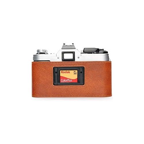  A-1 Case, BolinUS Handmade Genuine Real Leather Half Camera Case Bag Cover for Canon AE-1 A-1 (NO Handle) Camera with Hand Strap (LavaBrown)