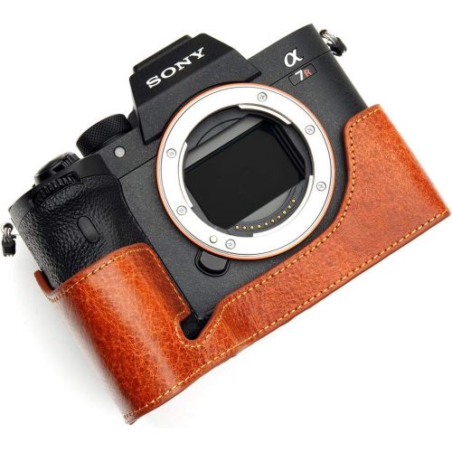  A7R IV Camera Case, BolinUS Handmade Genuine Real Leather Half Camera Case Bag Cover for Sony Alpha A7R IV Camera Bottom Opening Version + Hand Strap (LavaBrown)