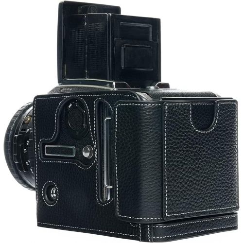  503CW 503CXI Case, BolinUS Handmade Genuine Real Leather Half Camera Case Bag Cover for Hasselblad 503CW 503CXI (Black with White Stitch)
