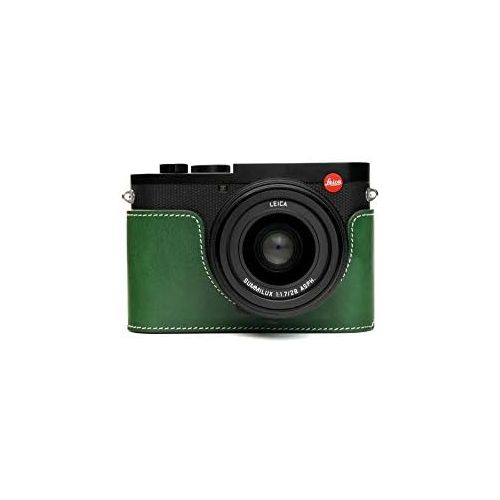  Leica Q2 Camera Case, BolinUS Handmade Genuine Real Leather Half Camera Case Bag Cover for Leica Q2 Camera Bottom Opening Version + Hand Strap (Green)