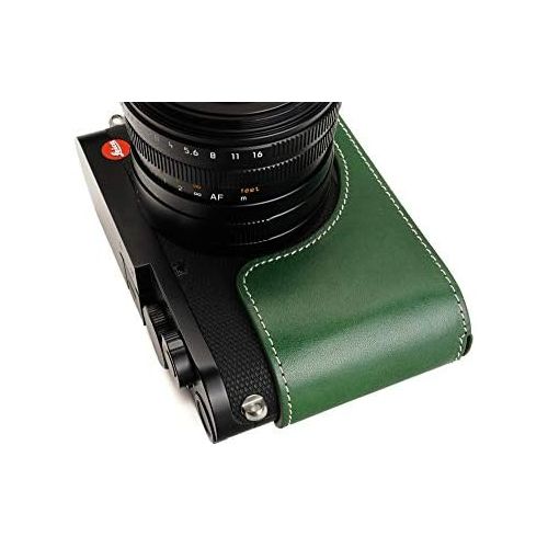  Leica Q2 Camera Case, BolinUS Handmade Genuine Real Leather Half Camera Case Bag Cover for Leica Q2 Camera Bottom Opening Version + Hand Strap (Green)