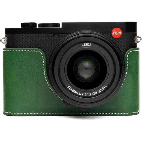  Leica Q2 Camera Case, BolinUS Handmade Genuine Real Leather Half Camera Case Bag Cover for Leica Q2 Camera Bottom Opening Version + Hand Strap (Green)