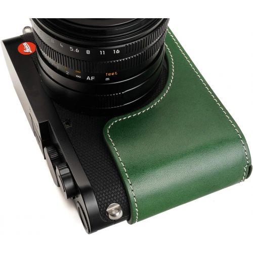  Leica Q2 Camera Case, BolinUS Handmade Genuine Real Leather Half Camera Case Bag Cover for Leica Q2 Camera Bottom Opening Version + Hand Strap (Green)