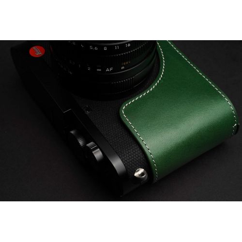  Leica Q2 Camera Case, BolinUS Handmade Genuine Real Leather Half Camera Case Bag Cover for Leica Q2 Camera Bottom Opening Version + Hand Strap (Green)