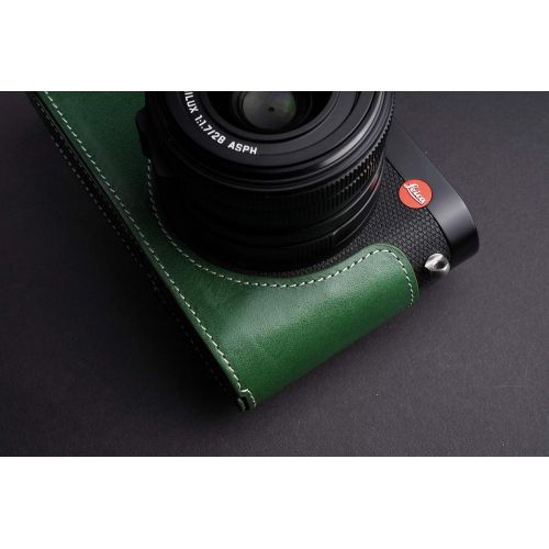  Leica Q2 Camera Case, BolinUS Handmade Genuine Real Leather Half Camera Case Bag Cover for Leica Q2 Camera Bottom Opening Version + Hand Strap (Green)