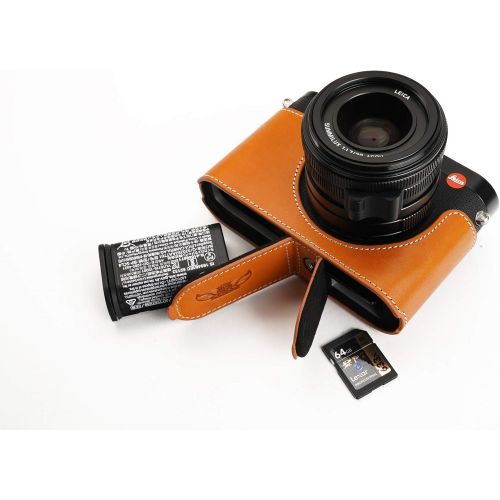  Leica Q2 Camera Case, BolinUS Handmade Genuine Real Leather Half Camera Case Bag Cover for Leica Q2 Camera Bottom Opening Version + Hand Strap (Yellow)