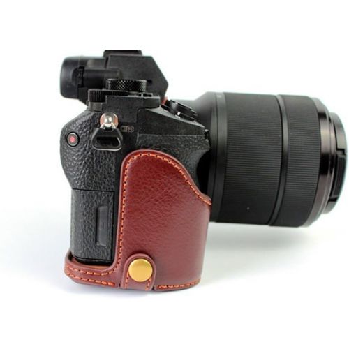  a7 ii case, BolinUS Handmade Genuine Real Leather Half Camera Case Bag Cover for Sony Alpha a7 II, a7R II, & a7S II Opening Version + Hand Strap -Coffee