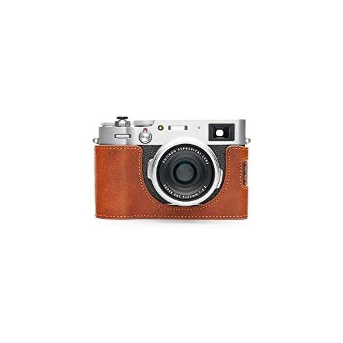  Fujifilm X100V Camera Case, BolinUS Handmade Genuine Real Leather Half Camera Case Bag Cover for Fujifilm Fuji X100V Camera Bottom Opening Version + Hand Strap (LavaBrown)